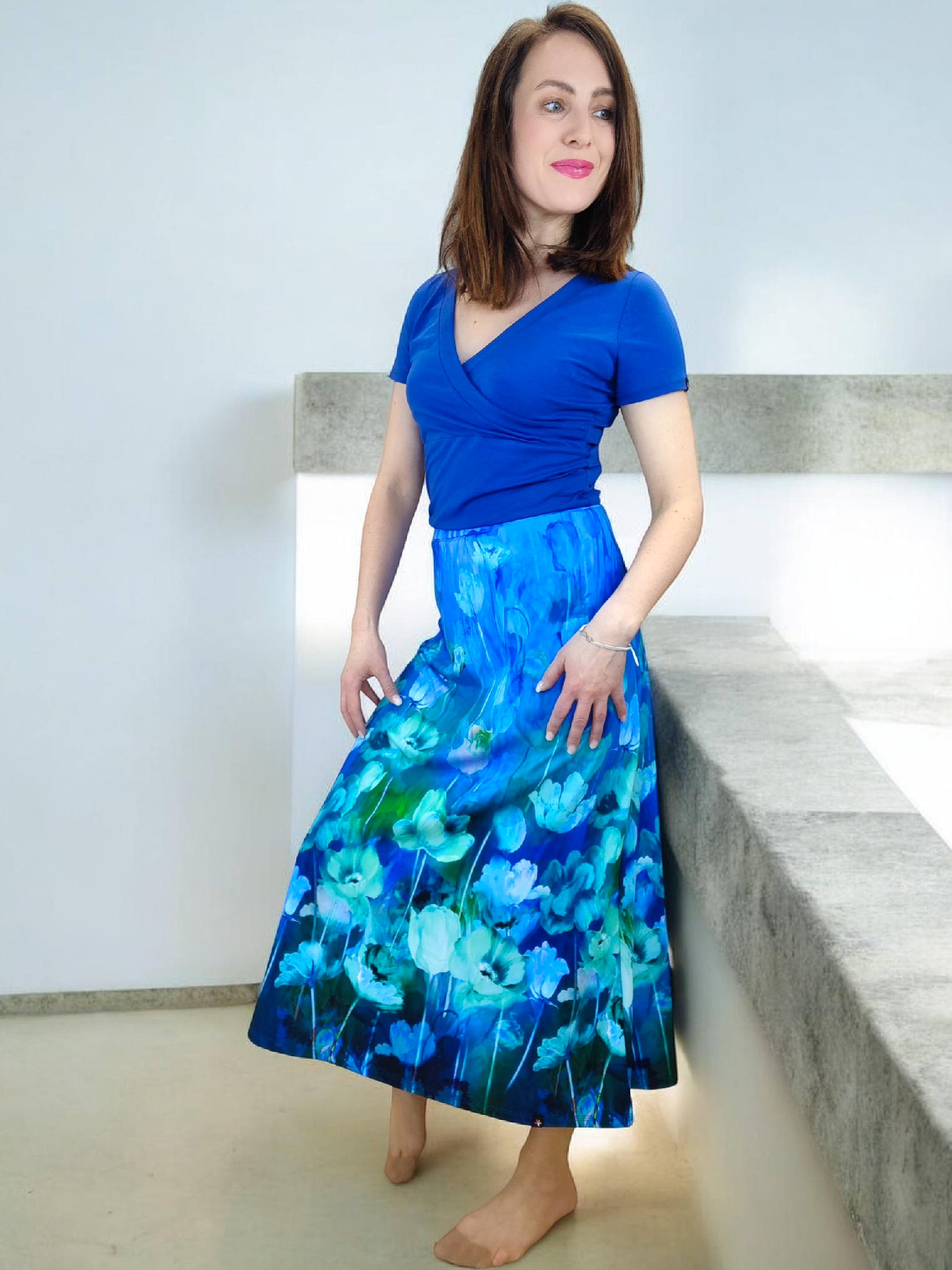 maxi áčková sukně Lassie květovaný vzor modrozelený ženský outfit